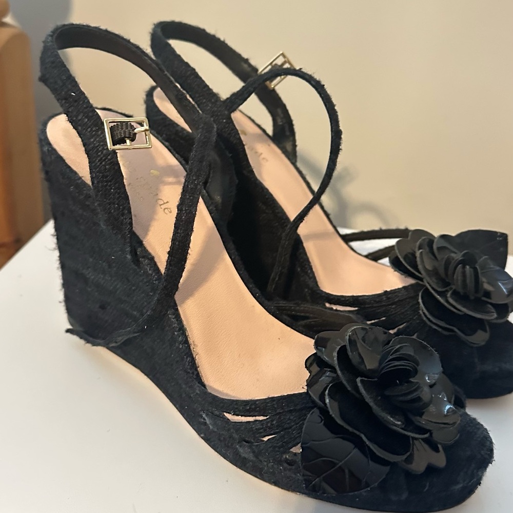 kate spade Black Floral Applique Wedge Slingbacks